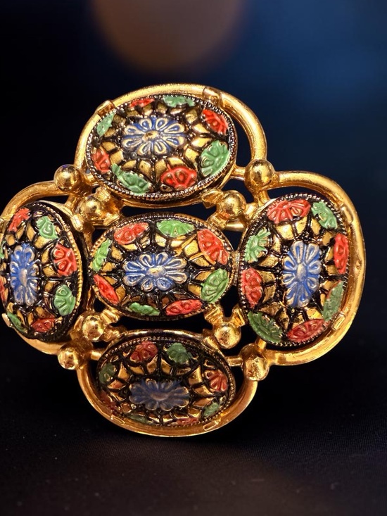 Sarah Coventry Jewelry - Sarah Coventry Hand Painted Gold-Tone Floral Enamel Brooch - Blue, Red, Green